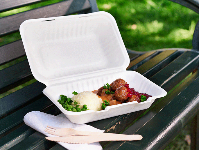 Una persona al aire libre sostiene un envase para llevar blanco con albóndigas suecas, puré de patatas, salsa de nata, mermelada de arándanos y guisantes.