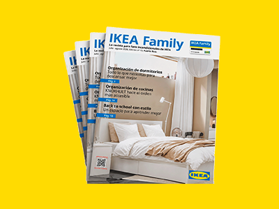 Stack of IKEA Family magazines displayed on a bright yellow background.