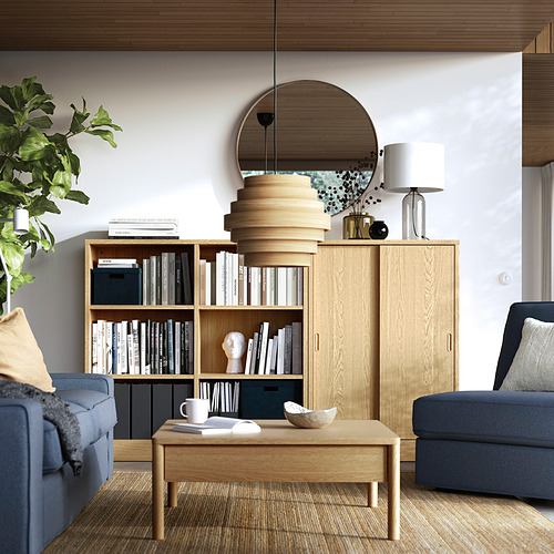Una sala de estar moderna con una estantería TONSTAD, sofás azules y una planta verde.