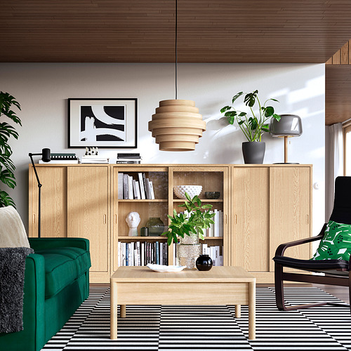 Sala de estar moderna con sofá verde, gabinete de madera, alfombra negra, planta y lámpara única.