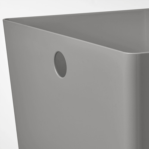 Close-up of gray plastic storage box with circular handle, showcasing smooth finish and sturdy build.