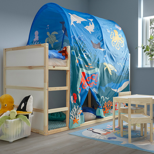 Litera azul KURA con tienda de lona, diseño de criaturas marinas, se adapta a la habitación de los niños.