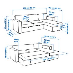 Ilustración de medidas - BÅRSLÖV sofá cama 3 plazas con chaiselongue
