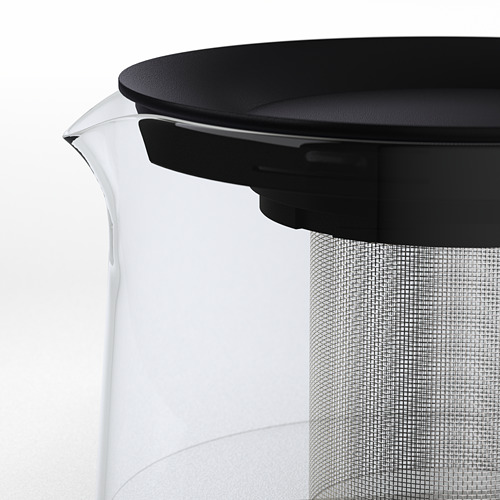 Moderna tetera de vidrio con tapa negra y filtro de malla, perfecta para preparar té de hojas sueltas.
