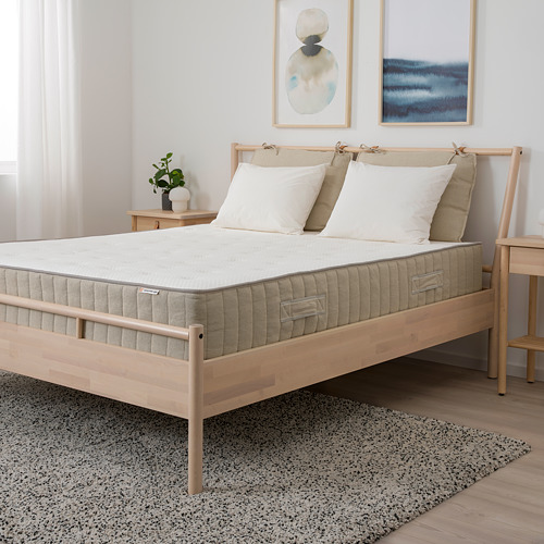 Dormitorio moderno con colchón ligero, almohadas, arte, plantas y alfombra.