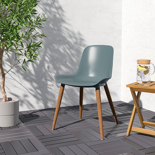 Silla GRÖNSTA: asiento turquesa, patas de madera, diseño minimalista, esquina compacta pero con asiento.