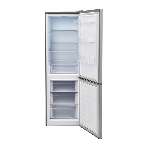 Frigorífico congelador abierto de acero inoxidable con estantes de cristal, diseño elegante, compartimentos ajustables.