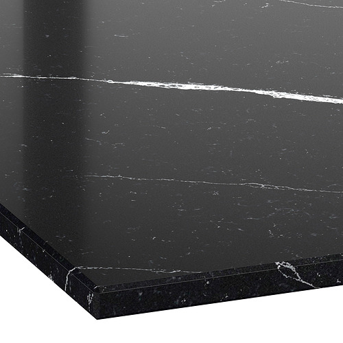 Encimera de cuarzo negro pulido con vetas blancas, textura lisa y elegante.