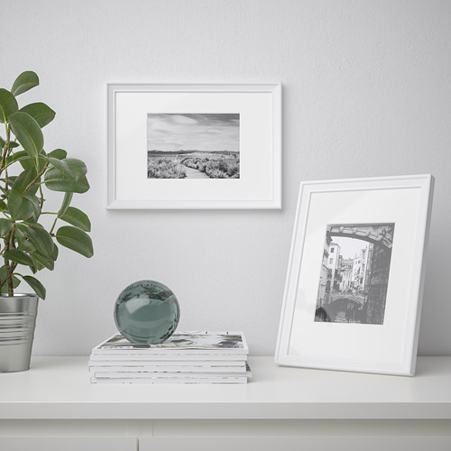 Estante blanco con orbe de vidrio, planta y arte en blanco y negro.