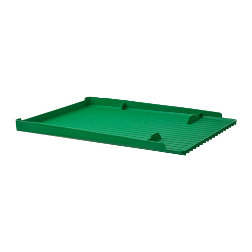 Un escurridor de platos RINNIG de color verde brillante, rectangular, con superficie estriada para escurrir. Fabricado en plástico de polipropileno.