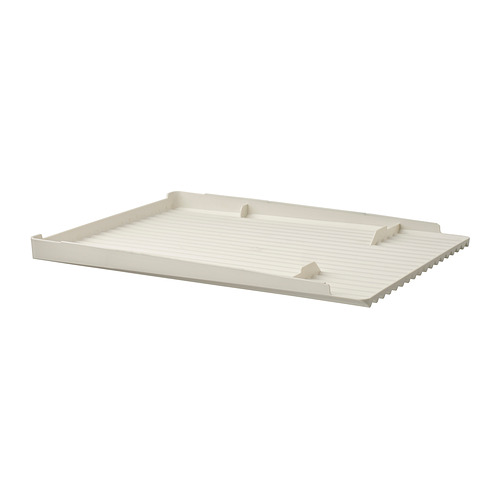 Un escurridor de platos RINNIG blanco con una superficie estriada y pies triangulares para mayor estabilidad.