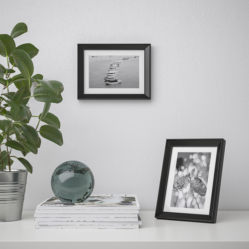 Los marcos de fotos negros muestran arte; uno cuelga, otro se levanta. Una planta en maceta y un globo terráqueo metálico se encuentran encima de los libros.