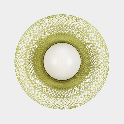 Lámpara esférica moderna con malla verde intrincada, que emite una luz suave y difusa.