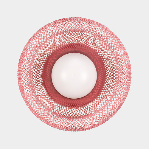Una lámpara de malla rosa con un globo blanco en su interior, que muestra su diseño moderno y su luz difusa.