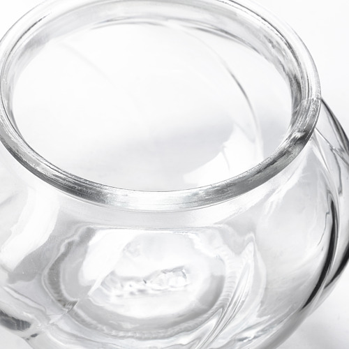 Se muestra un jarrón de vidrio claro y elegante, que destaca su superficie lisa y reflectante y su diseño simple.