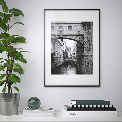 El puente enmarcado en blanco y negro sobre el canal cuelga de la pared junto a la planta en maceta, con libros y globo terráqueo en el estante de abajo.