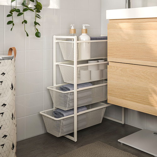 Organizador de baño de metal blanco JONAXEL cerca del lavabo, con capacidad para toallas y artículos de tocador.