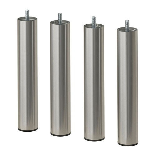 Cuatro patas cilíndricas metálicas plateadas con tornillos en la parte superior; Diseño sencillo y moderno para muebles.