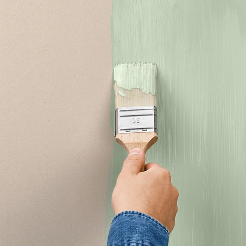 Hand painting wall with light green paint using a brush.