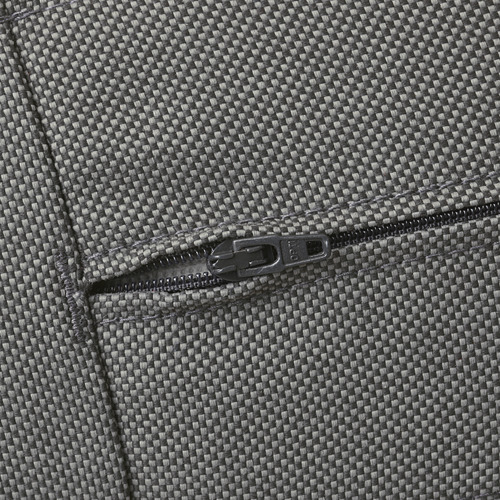 Cremallera en un cojín texturizado gris, probablemente muebles de exterior.
