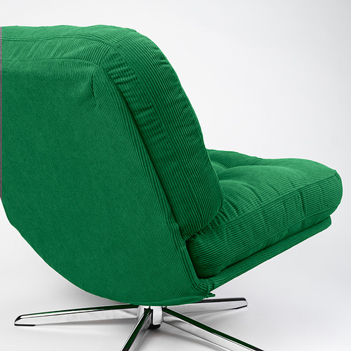 Silla giratoria tapizada de color verde brillante con base cromada, diseñada para la comodidad.