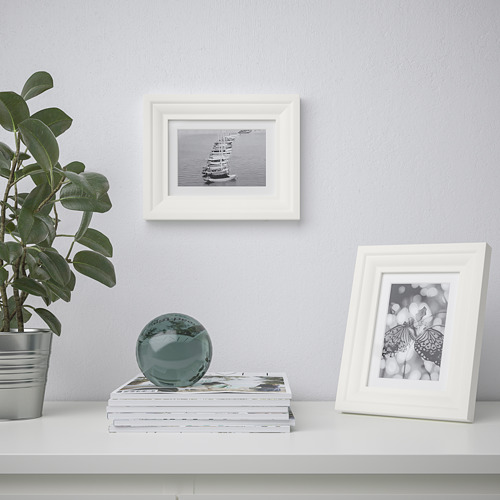 Un estante muestra una planta, una pila de libros y dos marcos de fotos blancos. Un fotograma contiene una imagen de un barco en blanco y negro, el otro una mariposa.