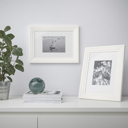 Estante blanco con dos marcos de fotos, uno que muestra un barco y el otro un insecto. Al lado de una planta y una esfera decorativa.