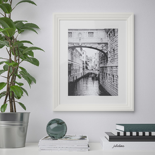El puente de Venecia enmarcado cuelga de una pared blanca. A su lado, una maceta de plantas y una pila de libros.