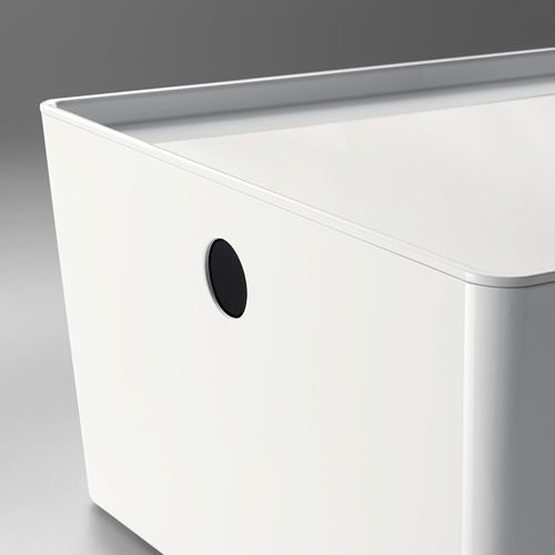Caja de almacenamiento blanca con diseño elegante y asa circular, ideal para organizar artículos.