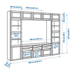 Ilustración de medidas - BESTÅ mueble TV con riel para cajón, cierre suave