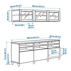 Ilustración de medidas - BESTÅ mueble TV con riel para cajón, apertura presión