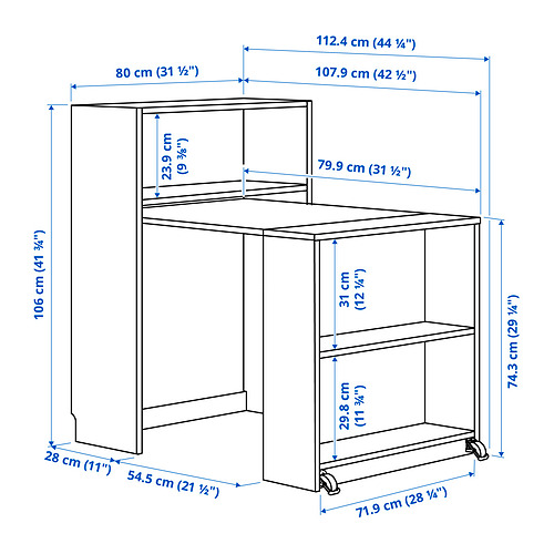 Measurement Illustration - BILLY bookcase with foldable table