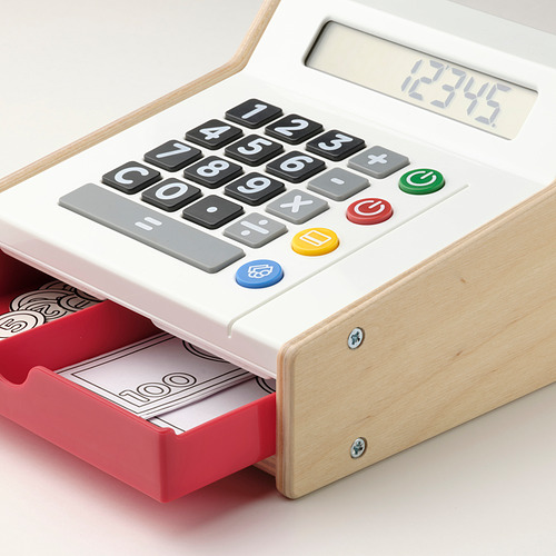 Caja registradora de juguete con pantalla digital, calculadora y cajón de dinero ficticio.
