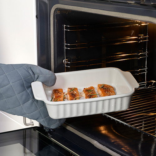 Una persona sosteniendo un plato de cerámica blanca con salmón asado en un horno.