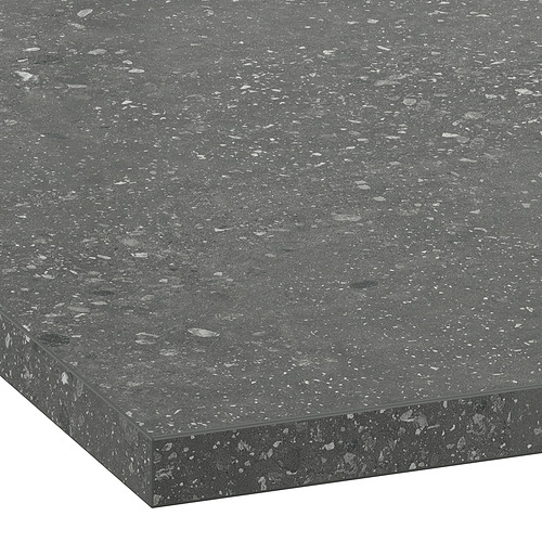Encimera de laminado moteado gris con bordes rectos. Superficie lisa y uniforme, lista para la instalación.