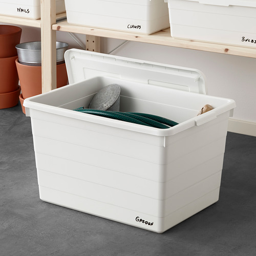 Caja de almacenamiento SOCKERBIT blanca con tapa, suelo, herramientas de jardinería.