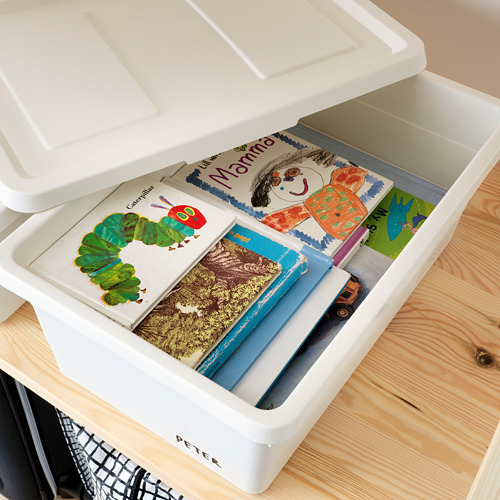 Abra una caja de plástico llena de libros para niños y un juguete pequeño sobre una superficie de madera clara.