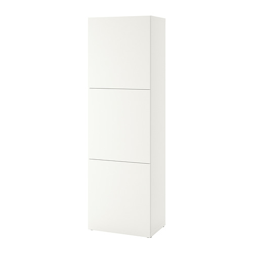 Un armario de almacenaje BESTÅ blanco, de forma rectangular, con diseño minimalista y con múltiples puertas.