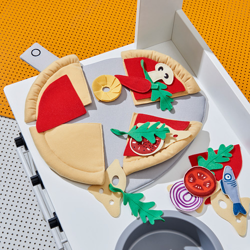 Juego de juguetes para pizza con rodajas de fieltro y aderezos. Piezas suaves y coloridas para niños. Perfecto para el juego imaginativo con diseños detallados.
