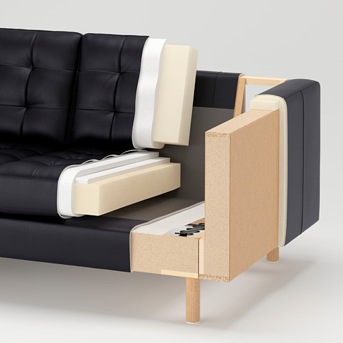 Despiece de un sofá negro que muestra capas: cojines de asiento, espuma, estructura de madera y tapicería de tela.