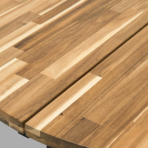 Tablero de madera de acacia con acabado liso, brillante y vetas naturales.