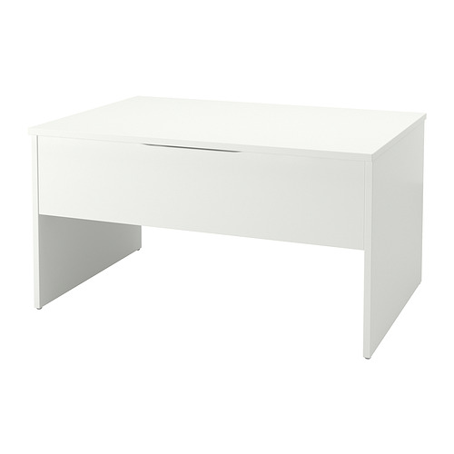 Representa un escritorio blanco ÖSTAVALL con un diseño minimalista. Es una estructura elegante con una parte superior rectangular y dos patas, y un solo cajón para almacenamiento.