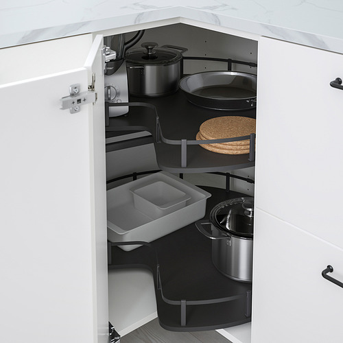 Un mueble de cocina de esquina con estantes ajustables, ollas y sartenes de almacenamiento, maximizando el espacio de manera eficiente.