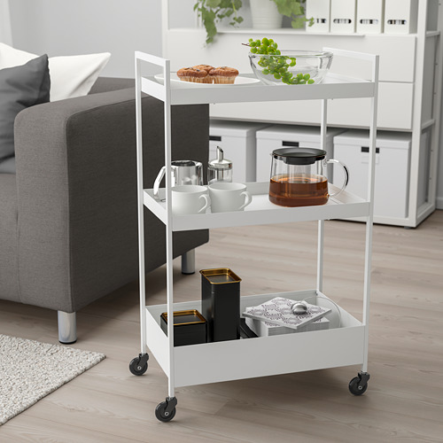 Pequeño carrito blanco NISSAFORS contiene juegos de té, golosinas y cajas; Cabe debajo de los gabinetes de cocina.