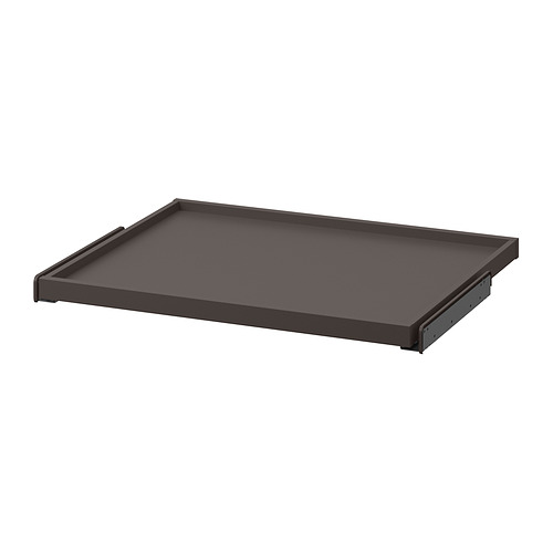 Una bandeja extraíble KOMPLEMENT rectangular negra con una superficie lisa, diseñada para un fácil almacenamiento en los armarios.