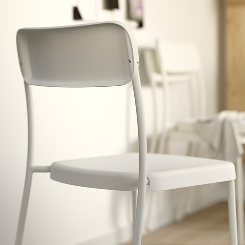 Silla blanca apilable, diseño moderno, acero con recubrimiento en polvo duradero, fácil de limpiar.