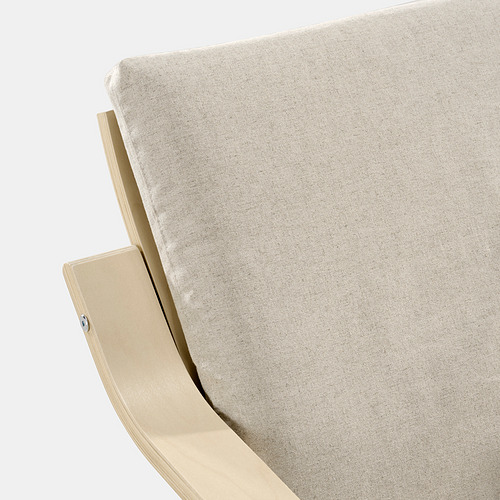 Cómoda silla tapizada en beige con respaldo y asiento de madera curvada, con tela de alta calidad y diseño robusto.