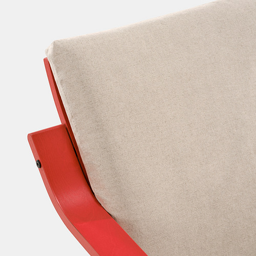 Sillón rojo con cojín beige de ikea POÄNG, lujoso y cómodo.