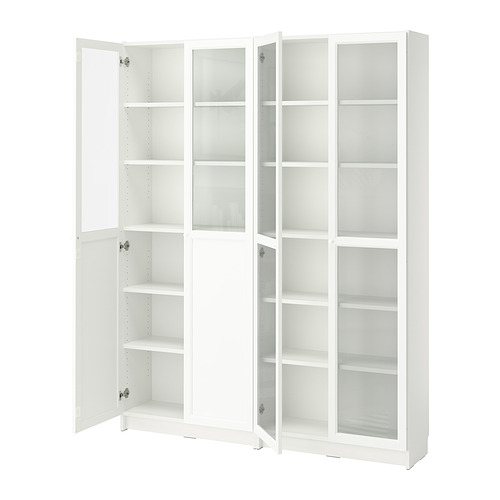 Estantería BILLY blanca con puertas de cristal, forma rectangular, estantes ajustables.