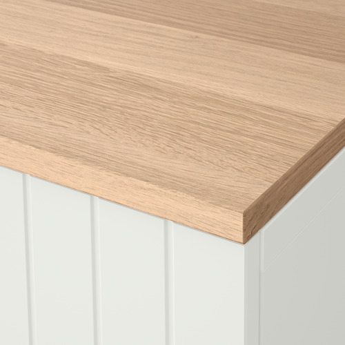 Encimera de madera clara sobre mueble blanco, con un acabado liso y un diseño robusto.